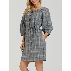 Black & white plaid button tie-waist fit-flair